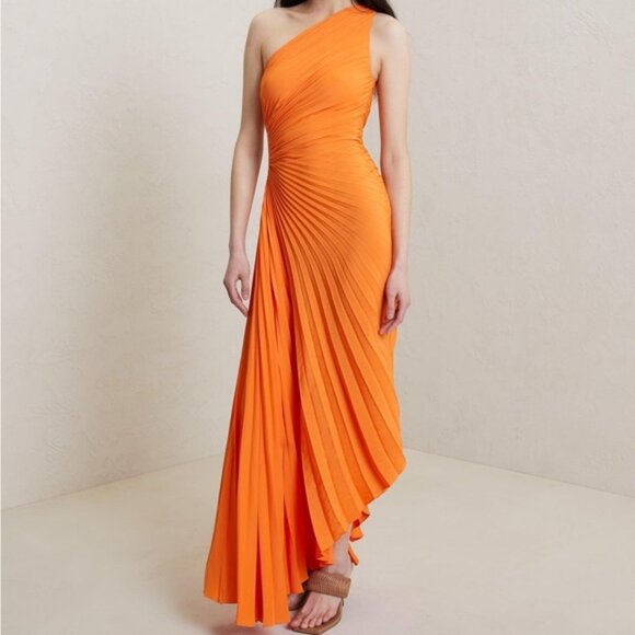 A.L.C. Delfina One-Shoulder Plissé Maxi Dress Citrus Size 4 NWT - Picture 1 of 4